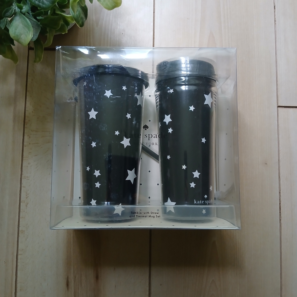 NIB Kate Spade Star Tumbler Set! Dark Blue White Star! Straw Included Set Of Two